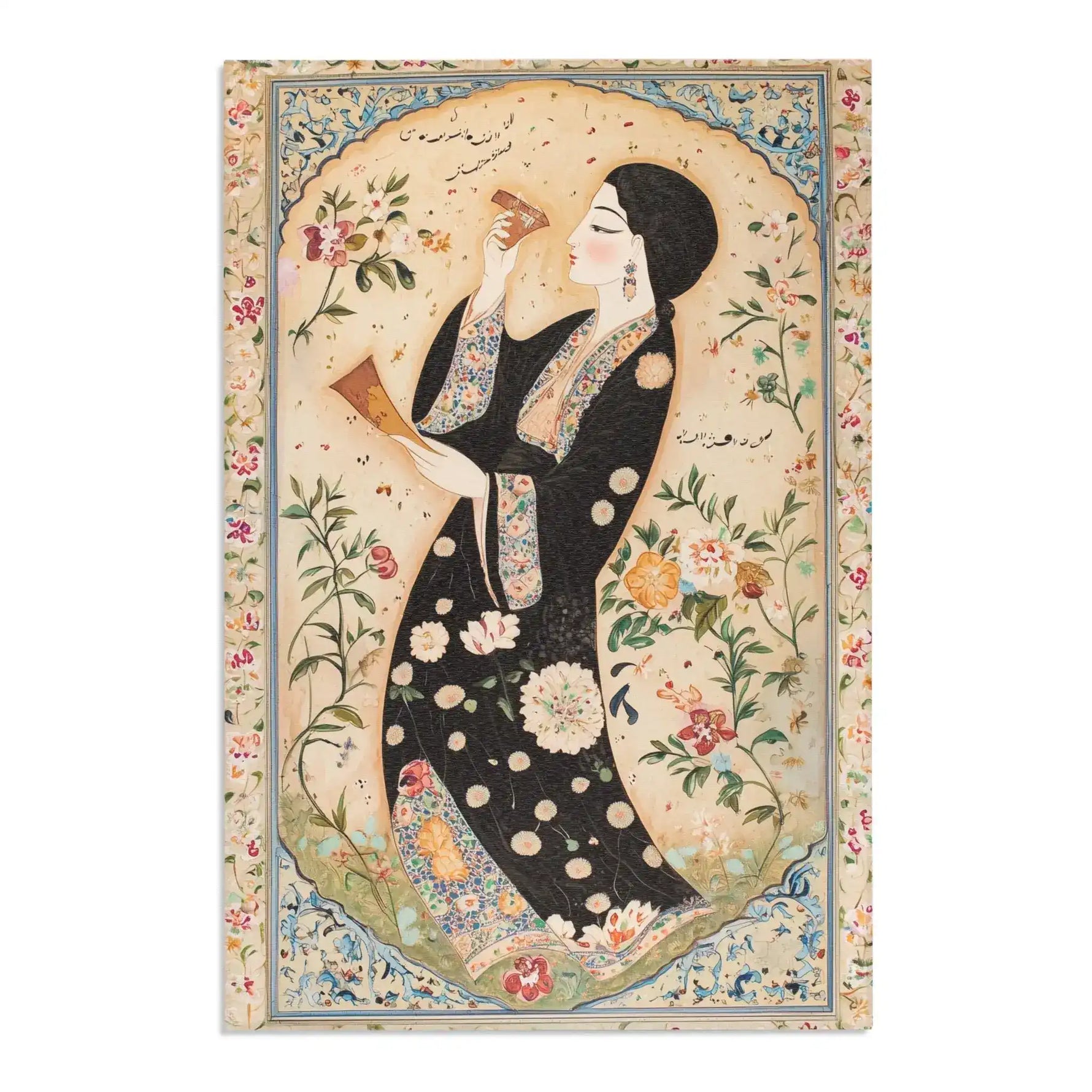 Elegant Woman and Floral Art Rug sixth view with alternate blue floral border variation surrounding elegant woman miniature art on ivory ground
