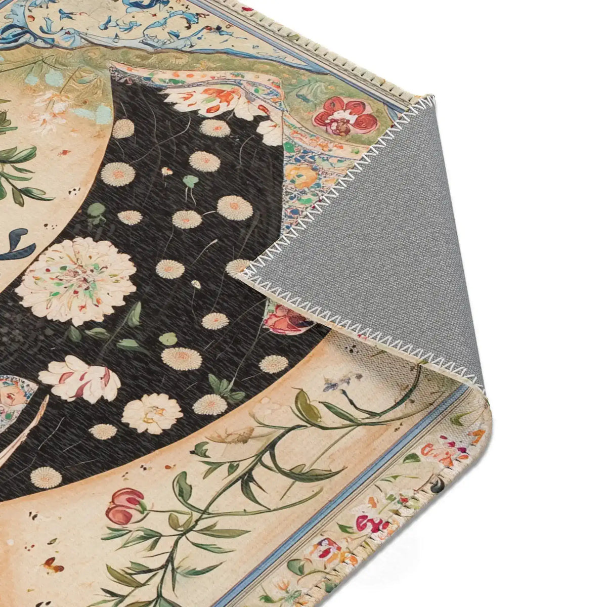 Elegant Woman and Floral Art Rug corner folded back showing grey non-slip backing with dark floral field and round white floral dot details