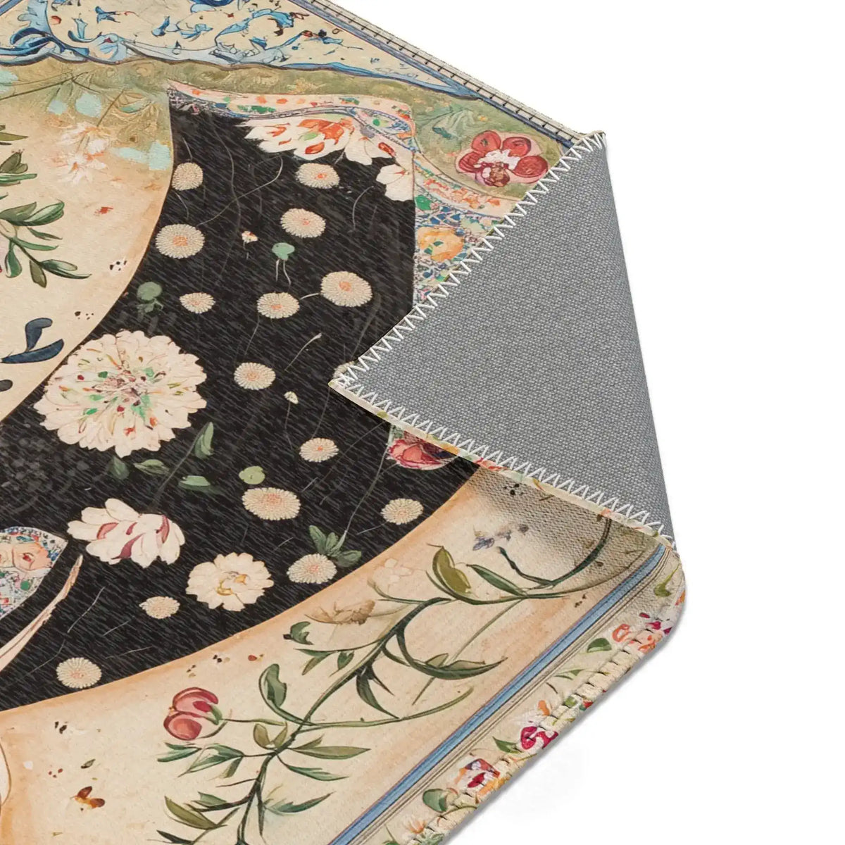 Elegant Woman and Floral Art Rug folded corner detail on dark field with scattered white floral dot pattern and ornate cream botanical border
