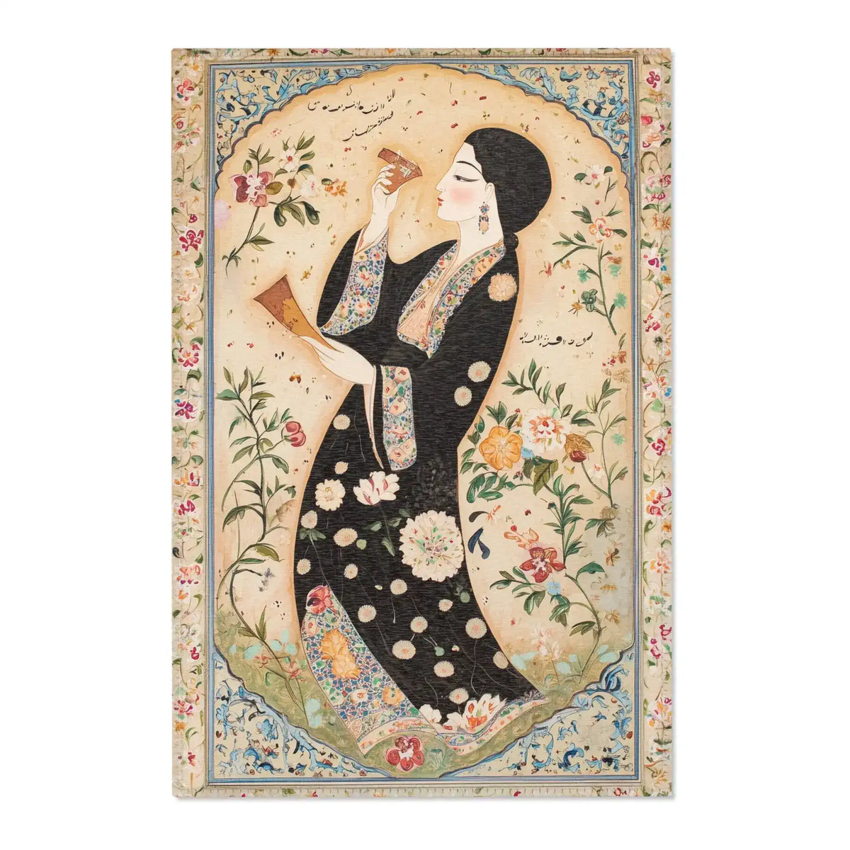 Elegant Woman and Floral Art Rug featuring Persian miniature woman in black floral robe with calligraphy inside oval floral arch, ivory ground