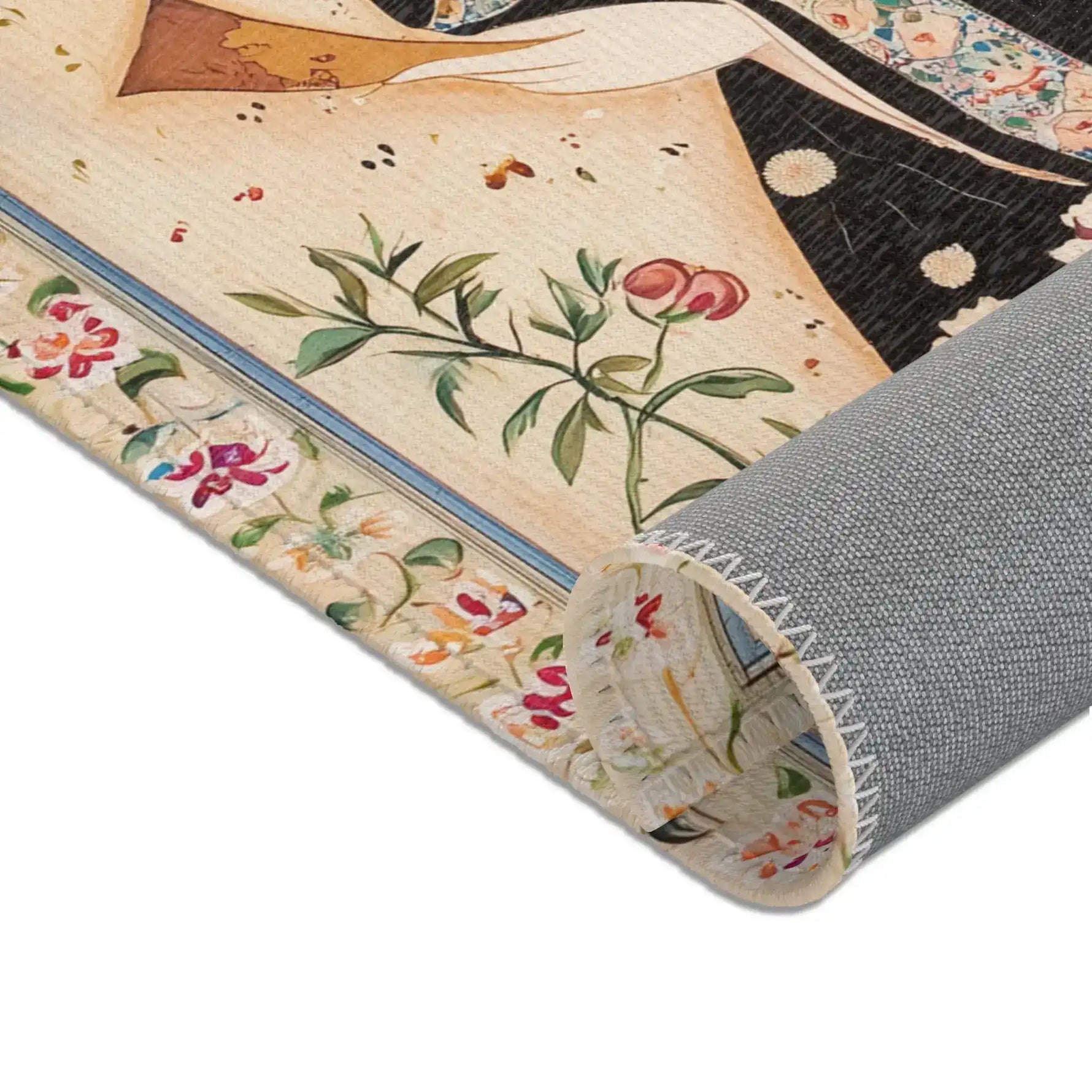 Elegant Woman and Floral Art Rug corner rolled revealing backing with cream botanical border and dark fabric showing woman dress hem art