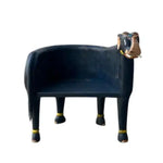 Hand crafted wooden elephant Maharaja chair in dark navy, left-front view showing barrel seat and decorated elephant head.