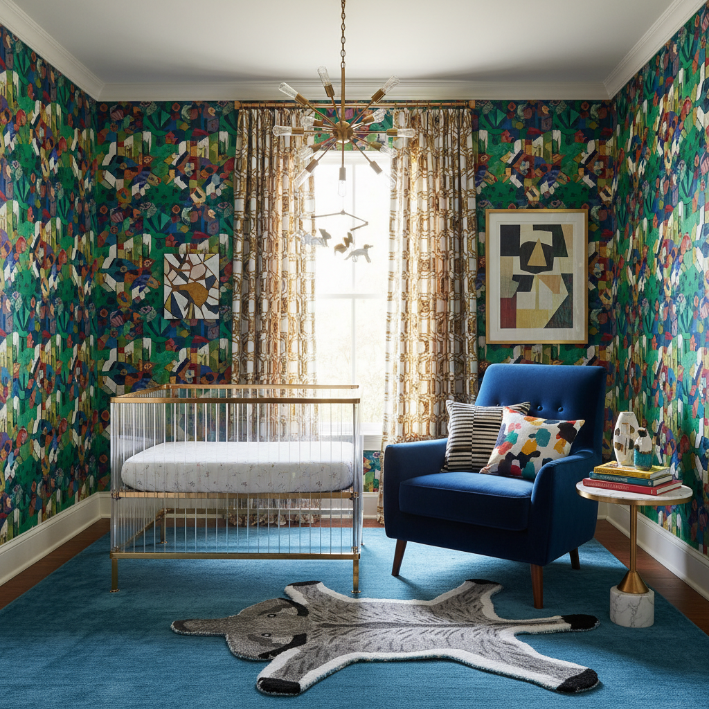 Nursery room with colorful walls, an elephant rug, blue armchair, and crib.