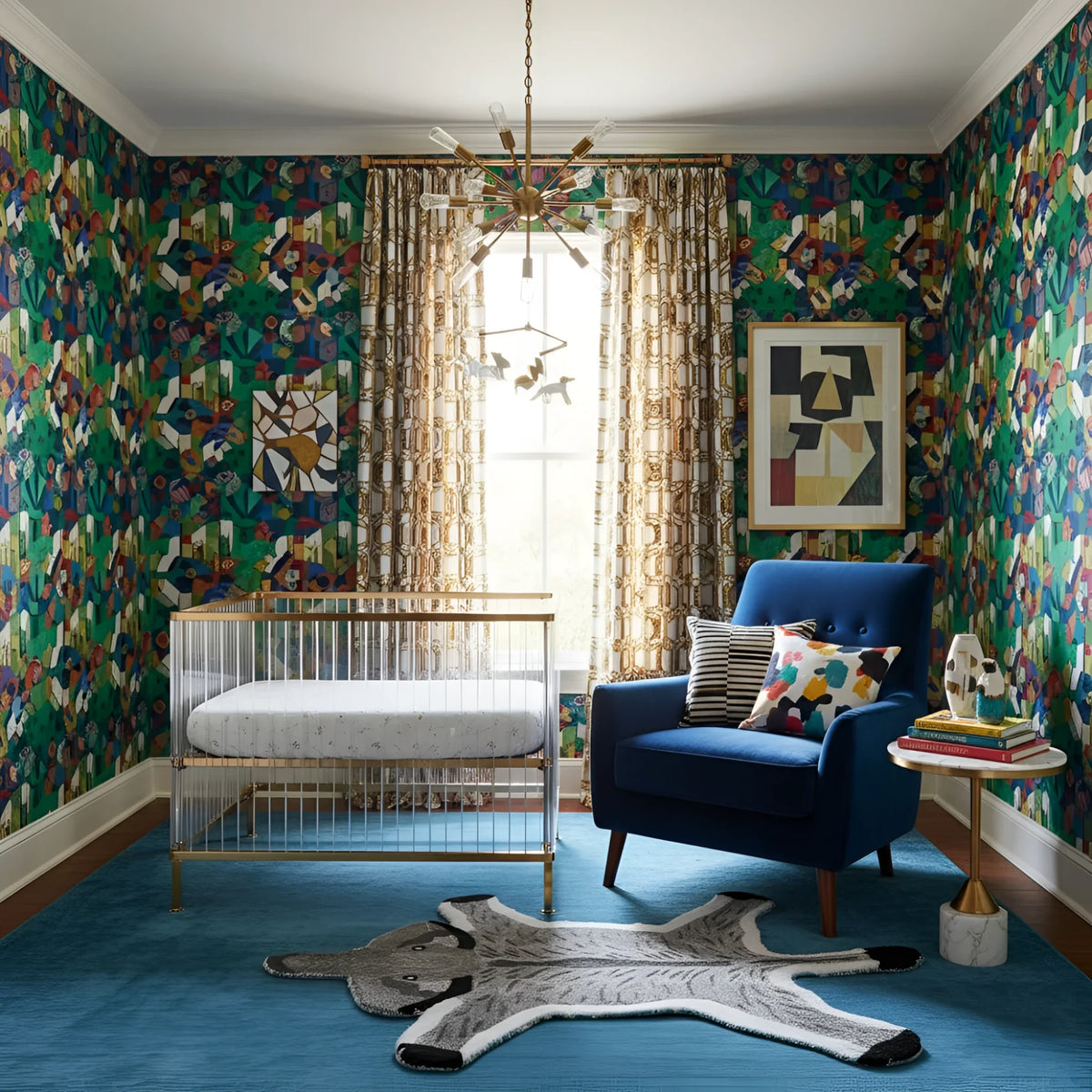 Nursery room with colorful walls, an elephant rug, blue armchair, and crib.