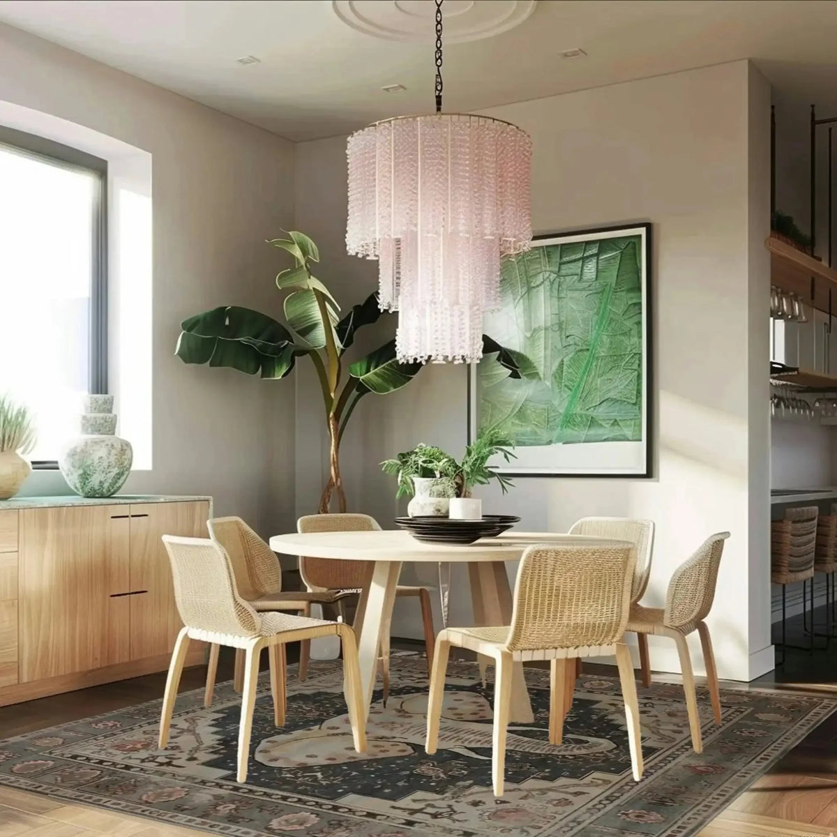 A beautifully decorated living room featuring a large area rug with intricate patterns. The wool rug complements the light wooden furniture and soft lighting, creating a cozy atmosphere. Ideal for those seeking area rugs for living room spaces.