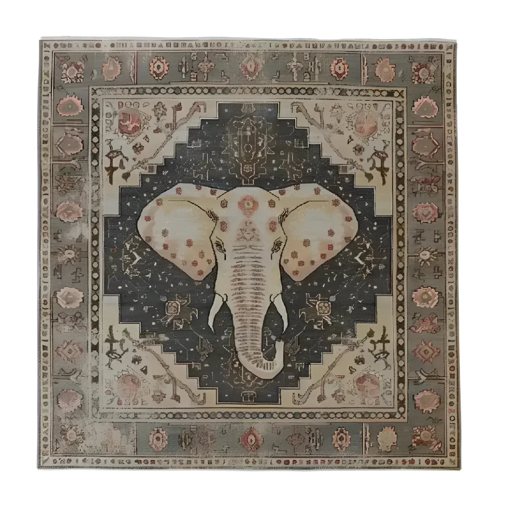 A stunning hand-tufted area rug featuring a detailed elephant design at the center, surrounded by intricate geometric and floral patterns. This large area rug, perfect for living rooms, showcases a blend of earthy tones, making it an elegant wool rug choice for enhancing any living space.