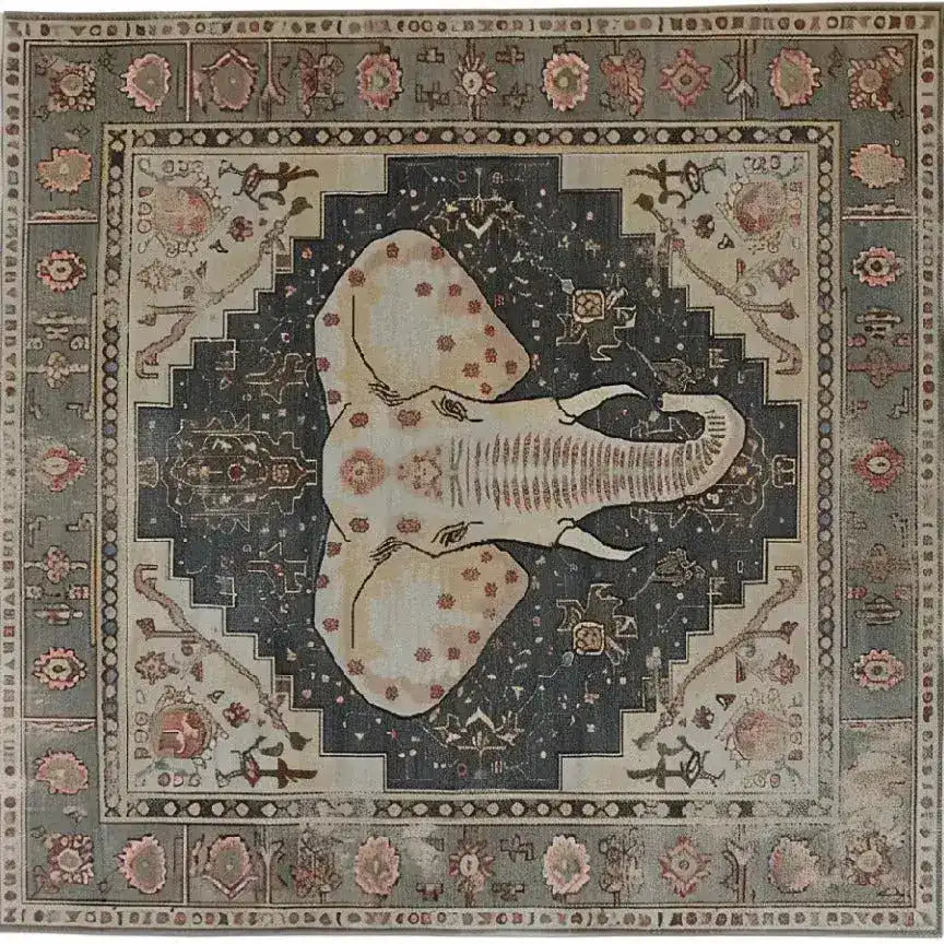 Top view of the Elephant Whisper Hand Tufted Rug, a large area rug featuring an intricate elephant design in the center, surrounded by ornate patterns in earthy tones. Perfect for adding a touch of elegance to living rooms, this wool rug combines style and comfort, making it an ideal choice for those seeking large area rugs for living room spaces.