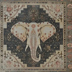 Top view of a hand-tufted wool area rug featuring an intricate elephant design. Ideal for large living rooms, this large area rug blends traditional motifs with contemporary style, making it a perfect centerpiece for any space.