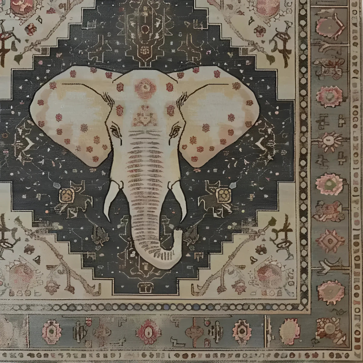 Stunning Elephant Whisper Hand Tufted Area Rug featuring a majestic elephant design at the center, crafted with rich wool. This large area rug is perfect for a living room, combining elegance and functionality. The intricate patterns and earthy tones create a warm and inviting atmosphere, making it an ideal choice for large area rugs in the living room.