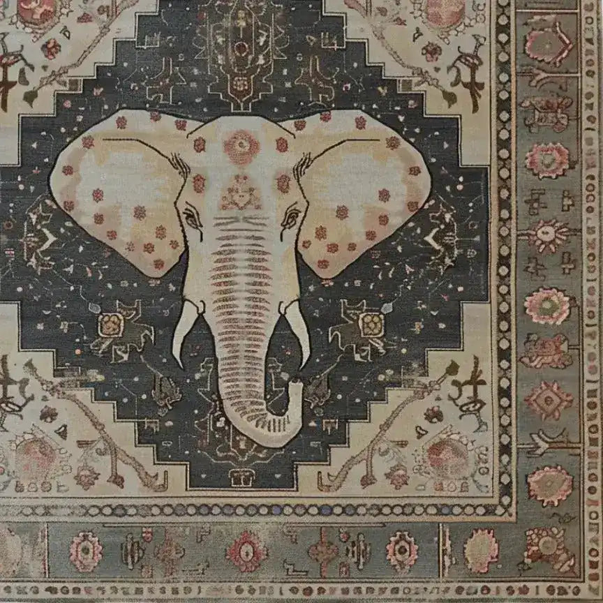 Stunning Elephant Whisper Hand Tufted Area Rug featuring a majestic elephant design at the center, crafted with rich wool. This large area rug is perfect for a living room, combining elegance and functionality. The intricate patterns and earthy tones create a warm and inviting atmosphere, making it an ideal choice for large area rugs in the living room.