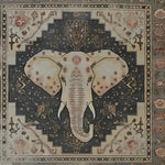 Top view of a hand-tufted wool area rug featuring an intricate elephant design. Ideal for large living rooms, this large area rug blends traditional motifs with contemporary style, making it a perfect centerpiece for any space.