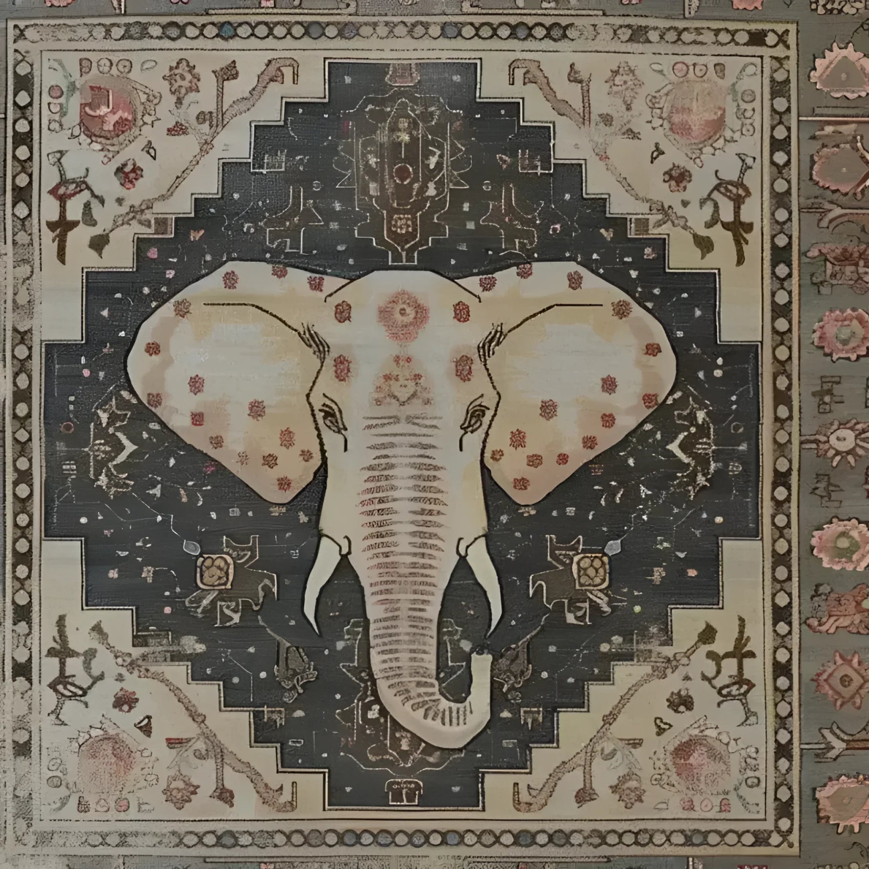 Top view of a hand-tufted wool area rug featuring an intricate elephant design. Ideal for large living rooms, this large area rug blends traditional motifs with contemporary style, making it a perfect centerpiece for any space.