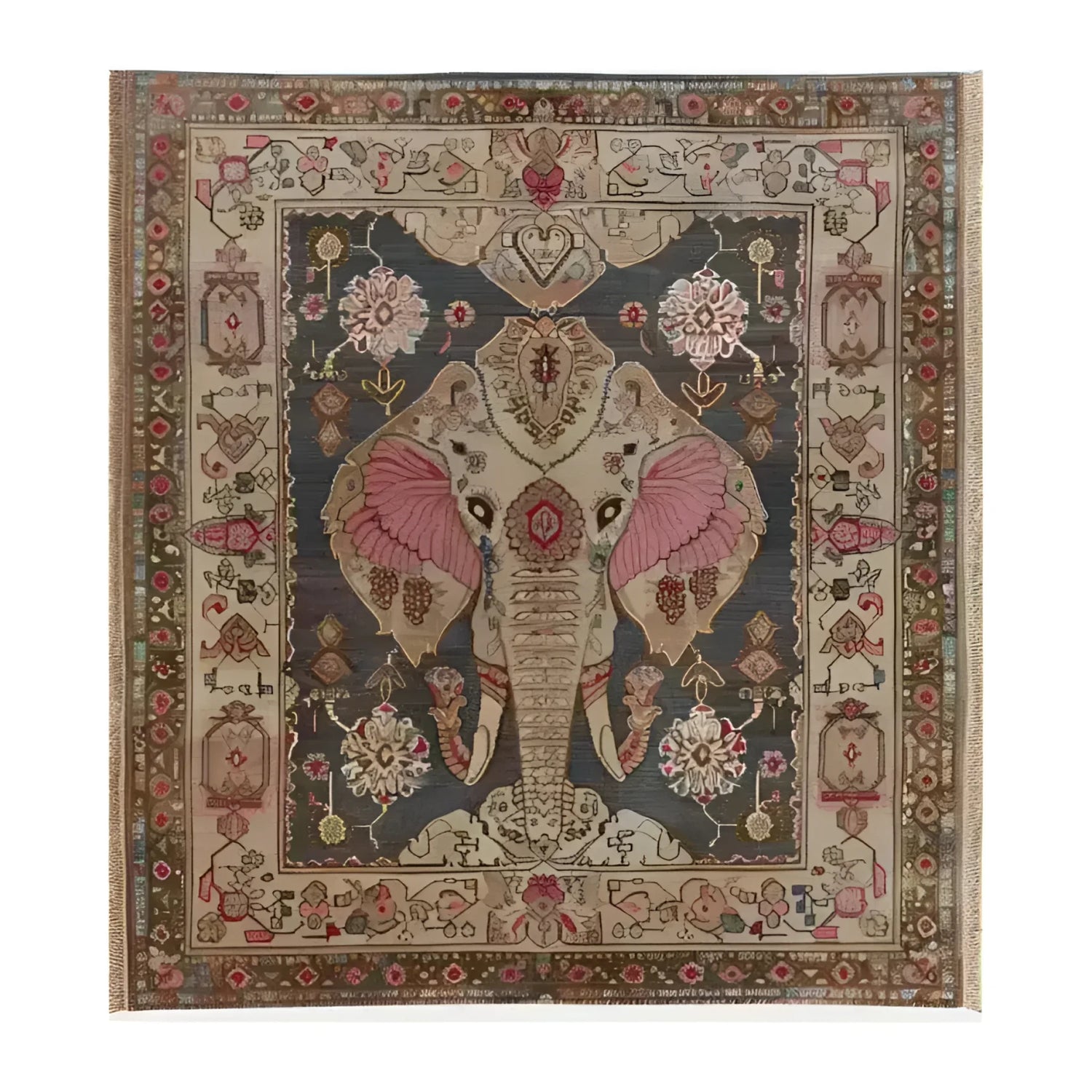 The Elephantine Grace Hand Knotted Area Rug features an intricate design with a majestic elephant motif at its center. The rug showcases a rich blend of colors including deep blues, earthy browns, and soft pinks, all framed by an ornate border with floral and geometric patterns. This luxurious area rug brings a touch of elegance and cultural artistry to any living space.