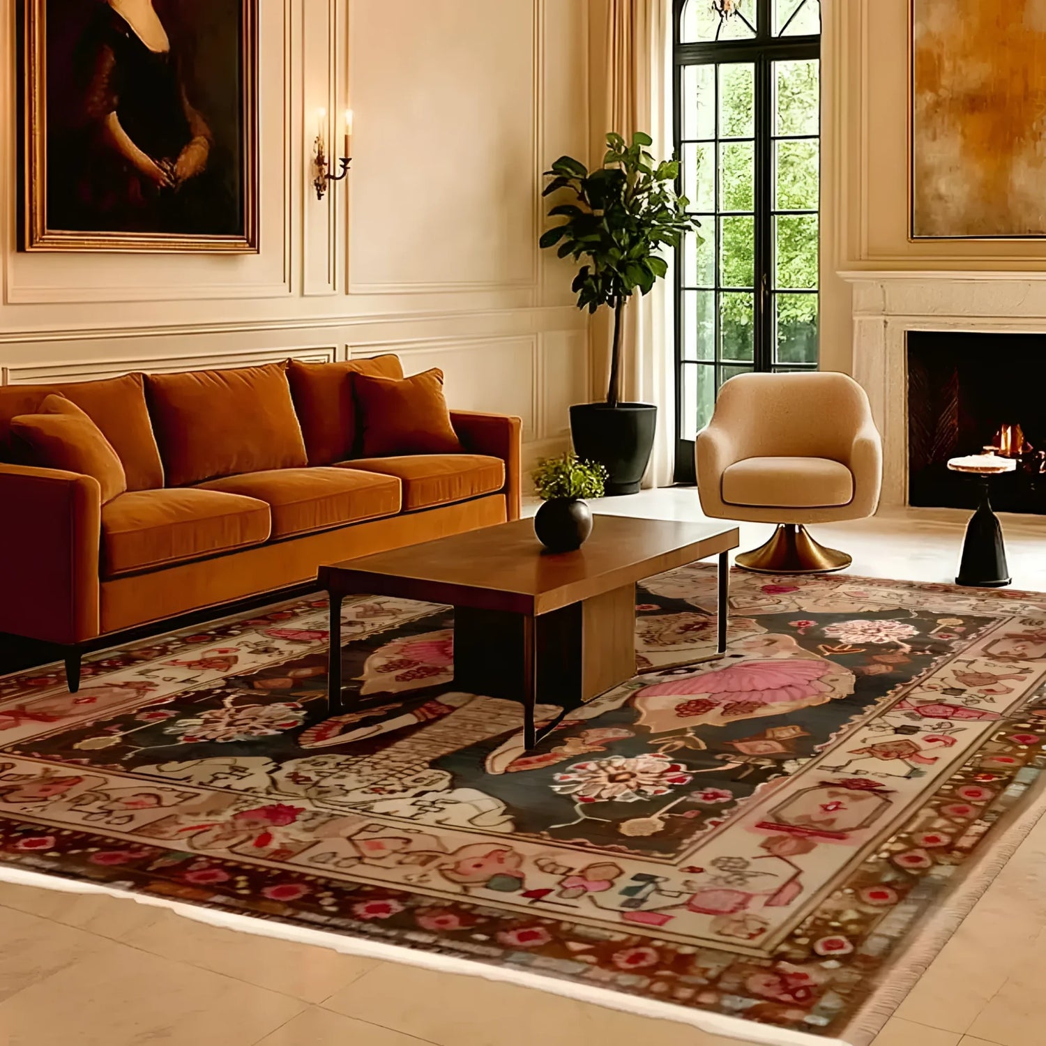 Elegant living room featuring the Elephantine Grace Hand Knotted Area Rug, a vintage Persian rug that adds a touch of sophistication. This large area rug for living room settings highlights intricate designs and rich colors, perfectly complementing the cozy ambiance with its timeless charm.