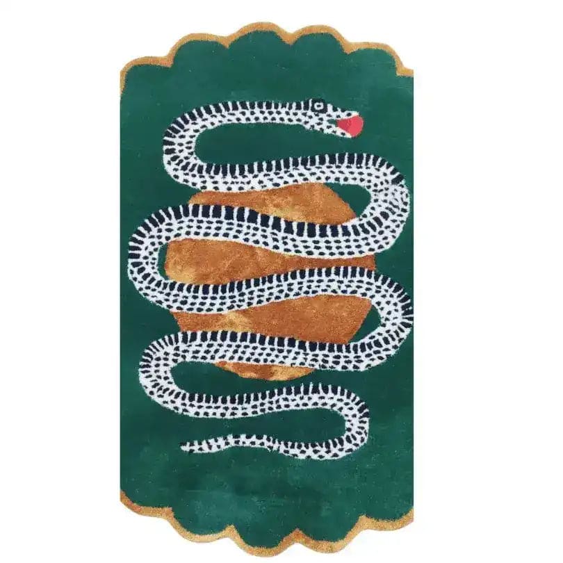 Elongated green scalloped snake rug, white spotted serpent winding over gold fruit, gold trim
