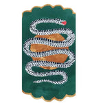 Elongated green scalloped snake rug, white spotted serpent winding over gold fruit, gold trim
