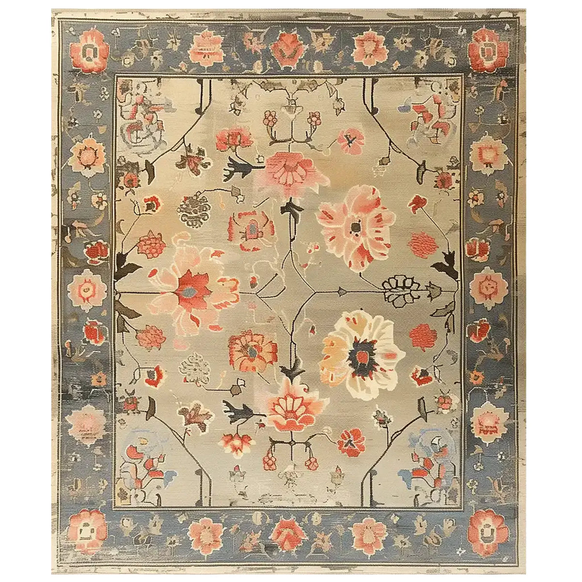 The Elysian Bloom Knotted Wool Area Rug features an intricate floral design with vibrant pink and orange flowers set against a muted beige background. The outer border showcases a contrasting deep blue tone with additional floral accents, adding a touch of elegance to any living space.