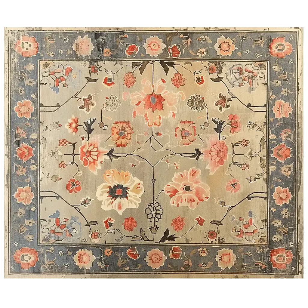 Top view of the Elysian Bloom Knotted Wool Area Rug featuring a sophisticated floral design in warm tones with a contrasting blue border, perfect for adding a touch of elegance to any living space.