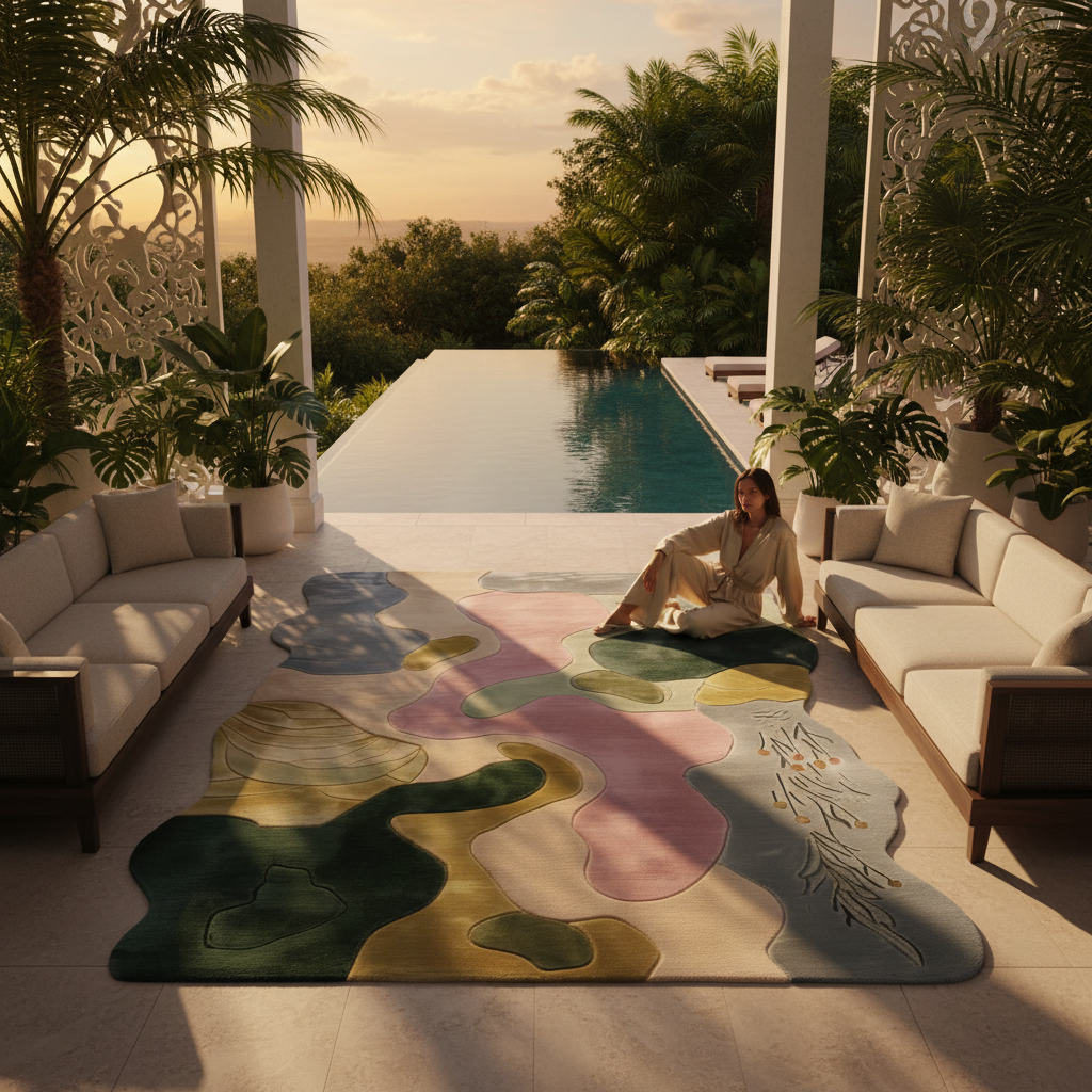 Woman sitting on a colorful rug in a luxurious outdoor setting with a pool and palm trees.