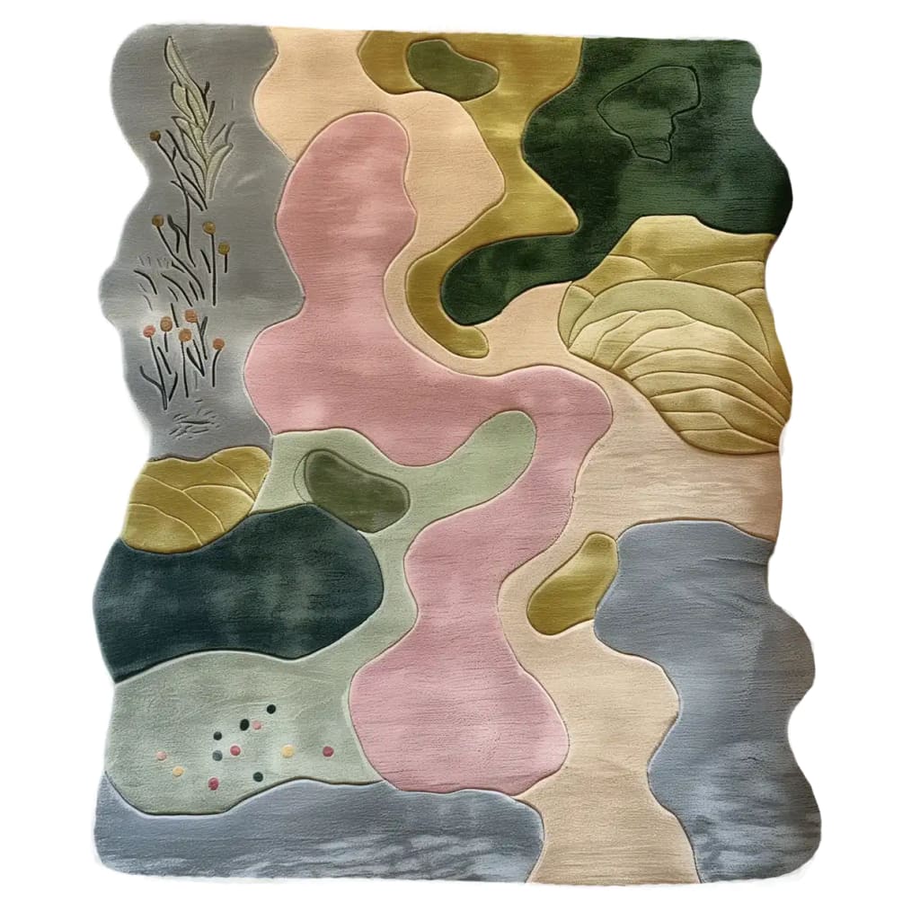 The Elysian Fields Hand Tufted Wool Rug showcases an abstract design with flowing organic shapes in soft pink, olive green, and muted gray tones. This area rug adds a touch of modern elegance and artistic flair to any living space.