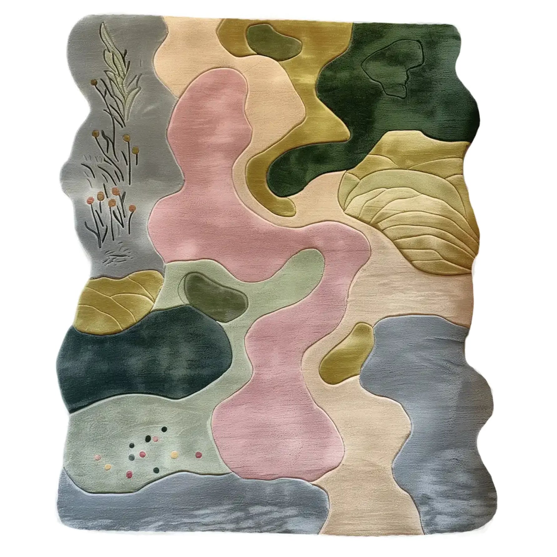 The Elysian Fields Hand Tufted Wool Rug showcases an abstract design with flowing organic shapes in soft pink, olive green, and muted gray tones. This area rug adds a touch of modern elegance and artistic flair to any living space.