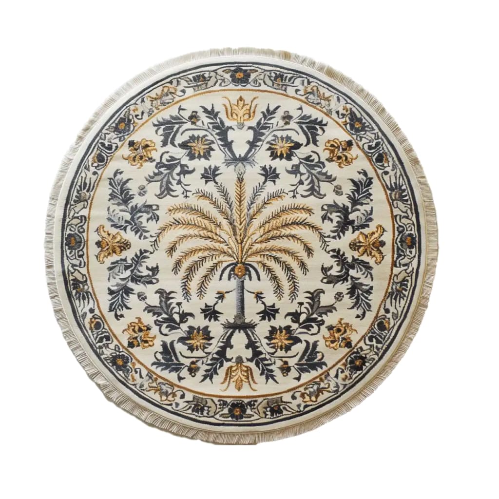 Round Elysian Palm Knotted Wool Area Rug featuring an intricate palm tree design with black and gold floral patterns on a cream background, showcasing detailed craftsmanship and a fringed edge.