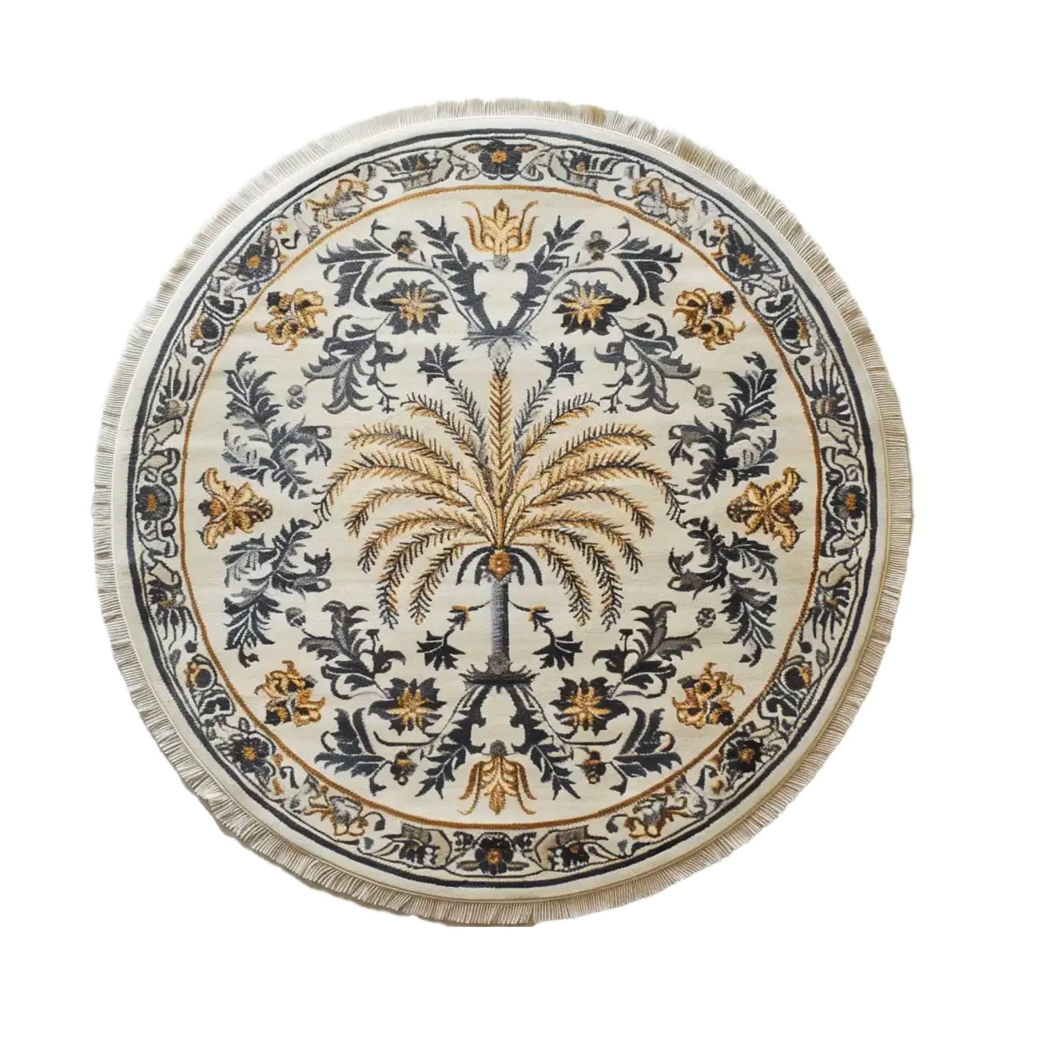 Round Elysian Palm Knotted Wool Area Rug featuring an intricate palm tree design with black and gold floral patterns on a cream background, showcasing detailed craftsmanship and a fringed edge.