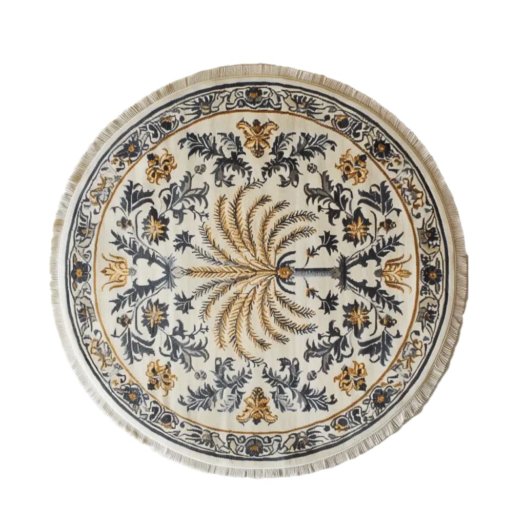 Round Elysian Palm Knotted Wool Area Rug with intricate floral and palm patterns in gold and black on a cream background, featuring detailed border design.