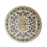 Round Elysian Palm Knotted Wool Area Rug with intricate floral and palm patterns in gold and black on a cream background, featuring detailed border design.