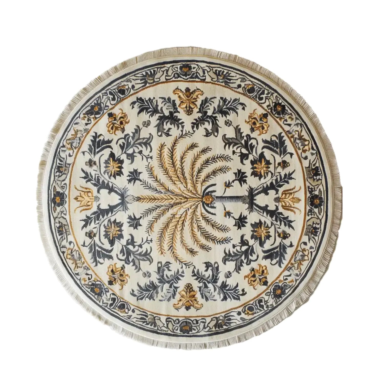 Round Elysian Palm Knotted Wool Area Rug with intricate floral and palm patterns in gold and black on a cream background, featuring detailed border design.
