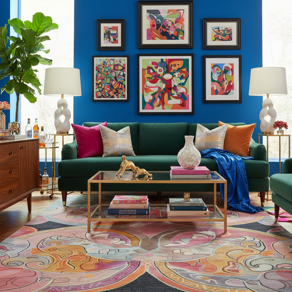 Colorful living room with a green sofa, abstract art, and patterned rug.