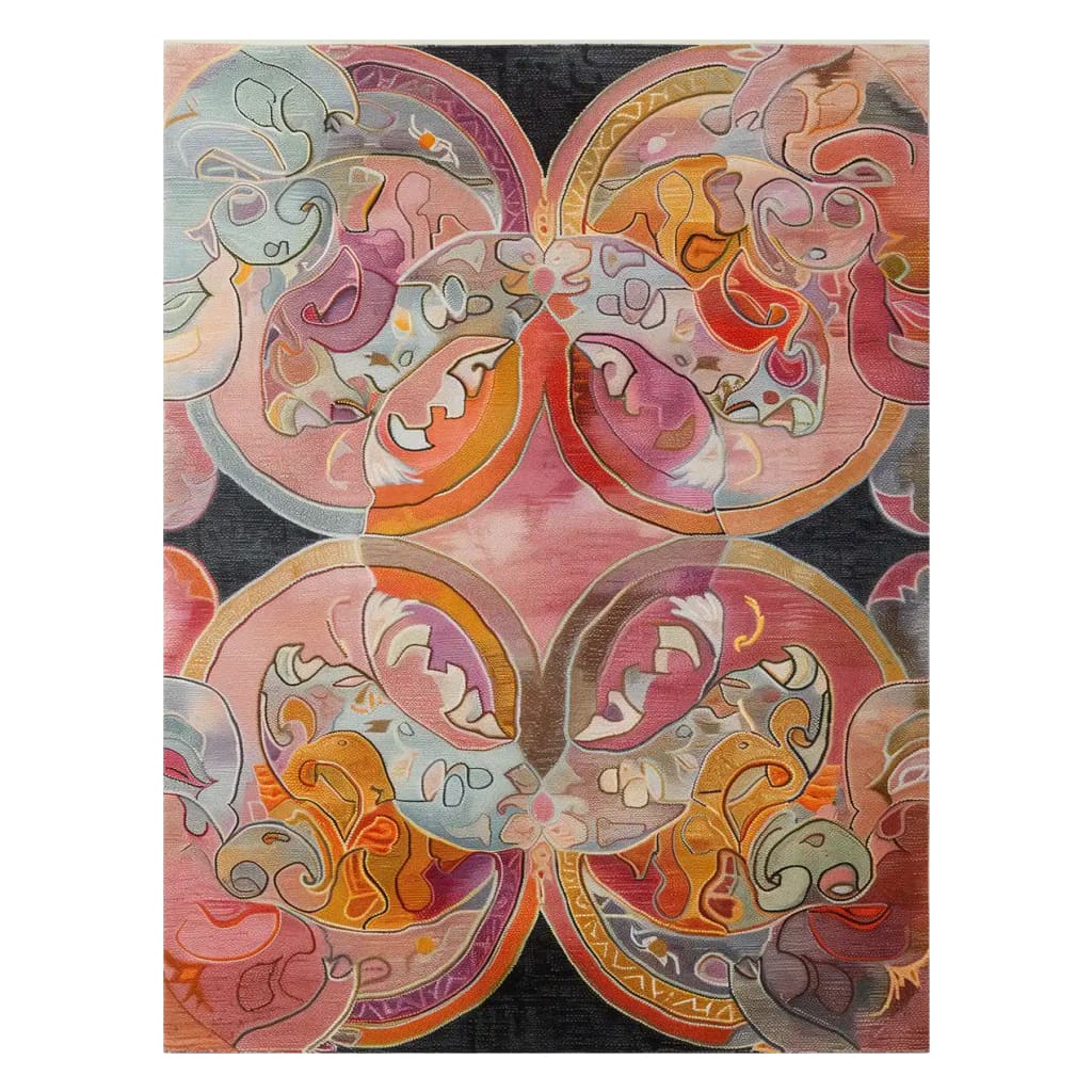 Vibrant and intricate Elysian Whirls Hand Tufted Wool Area Rug featuring swirling abstract patterns in shades of pink, orange, and blue. The rug showcases detailed craftsmanship and a bold design, perfect for adding a pop of color and style to any room.