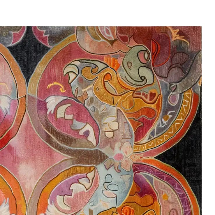 Vibrant hand-tufted wool area rug featuring an abstract design with swirling patterns in rich hues of pink, orange, and earth tones. The intricate detailing and dynamic shapes add a modern artistic touch to any room.