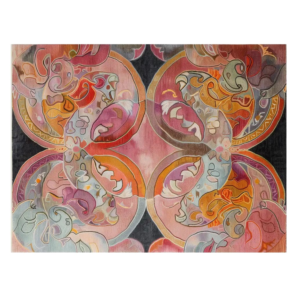 Vibrant Elysian Whirls hand tufted wool area rug featuring an intricate abstract design with swirling patterns in shades of pink, orange, and gray. The image showcases the rug's artistic flair and colorful motif, perfect for adding a touch of elegance to any room decor.