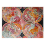 Vibrant Elysian Whirls hand tufted wool area rug featuring an intricate abstract design with swirling patterns in shades of pink, orange, and gray. The image showcases the rug's artistic flair and colorful motif, perfect for adding a touch of elegance to any room decor.