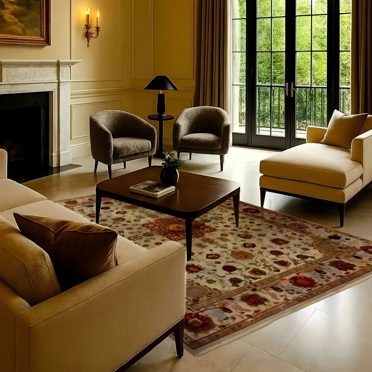 Elegant living room featuring an Embellished Flower Hand Knotted Area Rug with intricate floral patterns, perfectly complementing the classic decor. This 8x10 rug adds warmth and style, making it an ideal choice for those seeking Persian-inspired rugs for their living space.