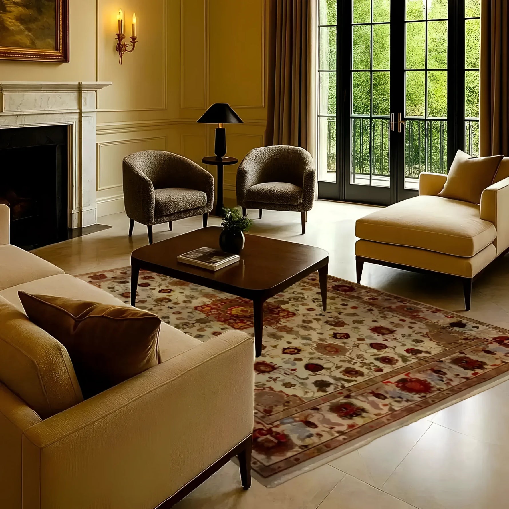 Elegant living room featuring an Embellished Flower Hand Knotted Area Rug with intricate floral patterns, perfectly complementing the classic decor. This 8x10 rug adds warmth and style, making it an ideal choice for those seeking Persian-inspired rugs for their living space.