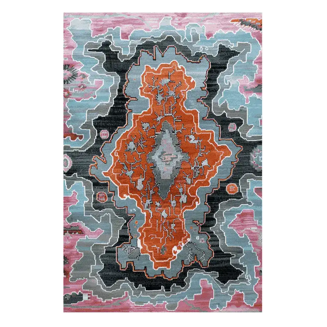 The Ember Crest Hand Tufted Rug is a striking area rug featuring an abstract design with bold orange, blue, and pink hues. This contemporary wool rug is perfect for adding a modern touch to any living room, combining artistic flair with the comfort of a wool rug. Ideal for those seeking unique and vibrant living room area rugs.