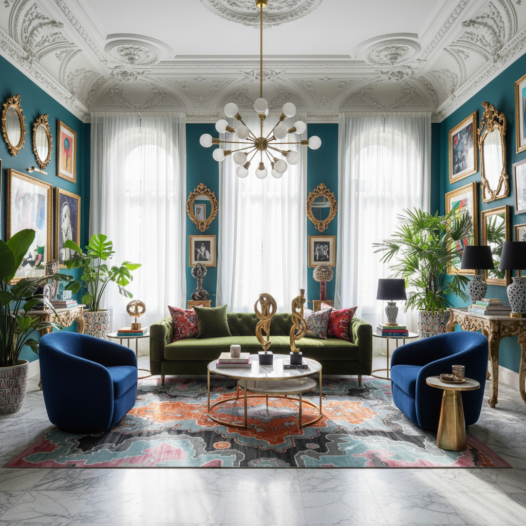 Luxurious living room with blue and green furniture, decorative mirrors, a contemporary wool rug, and a chandelier.