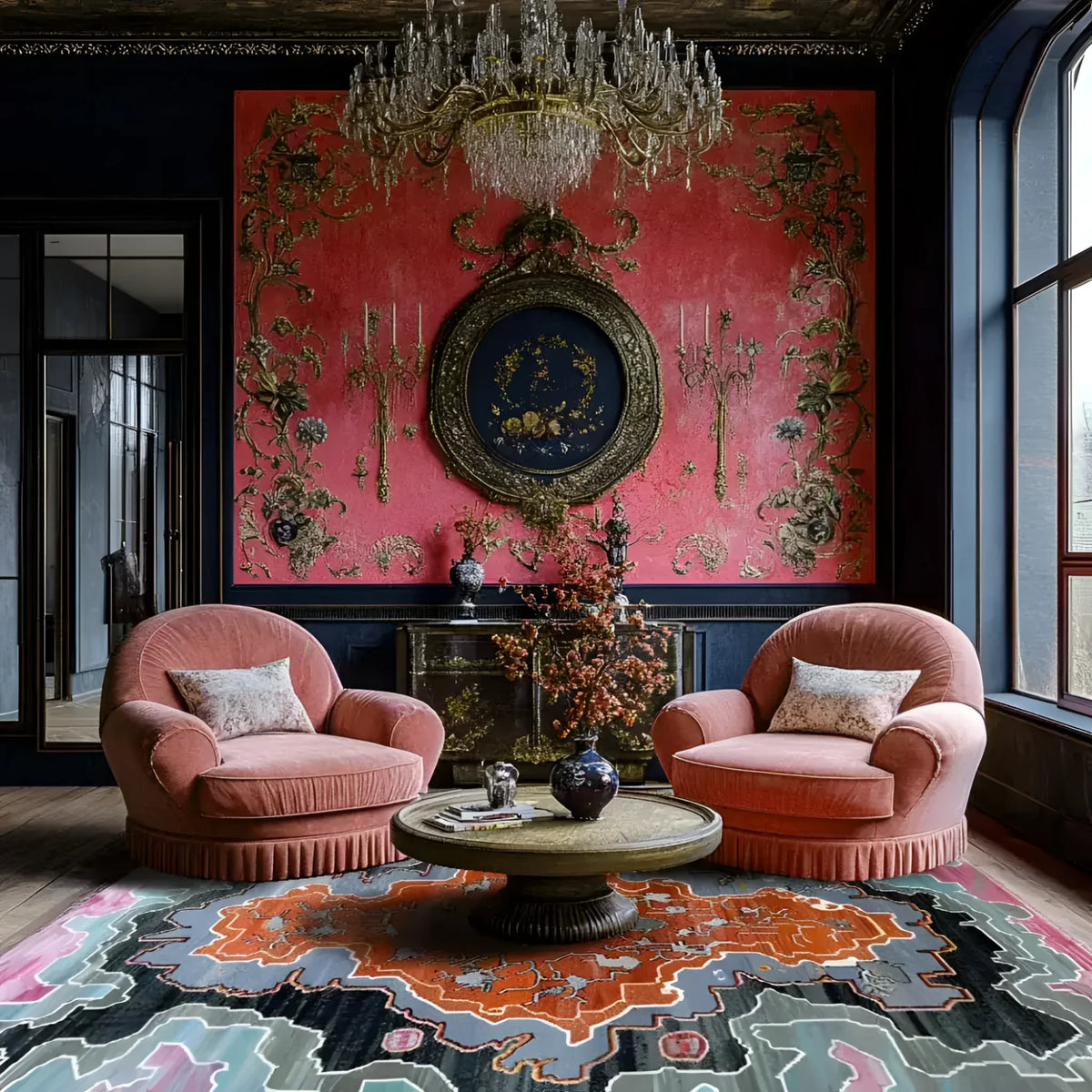 Stylish living room featuring the Ember Crest Hand Tufted Area Rug with an abstract design in vibrant colors, complementing the plush pink chairs and ornate wall decor. This contemporary wool rug adds a touch of elegance to the space, perfect for those seeking rugs for living room or living room area rugs.