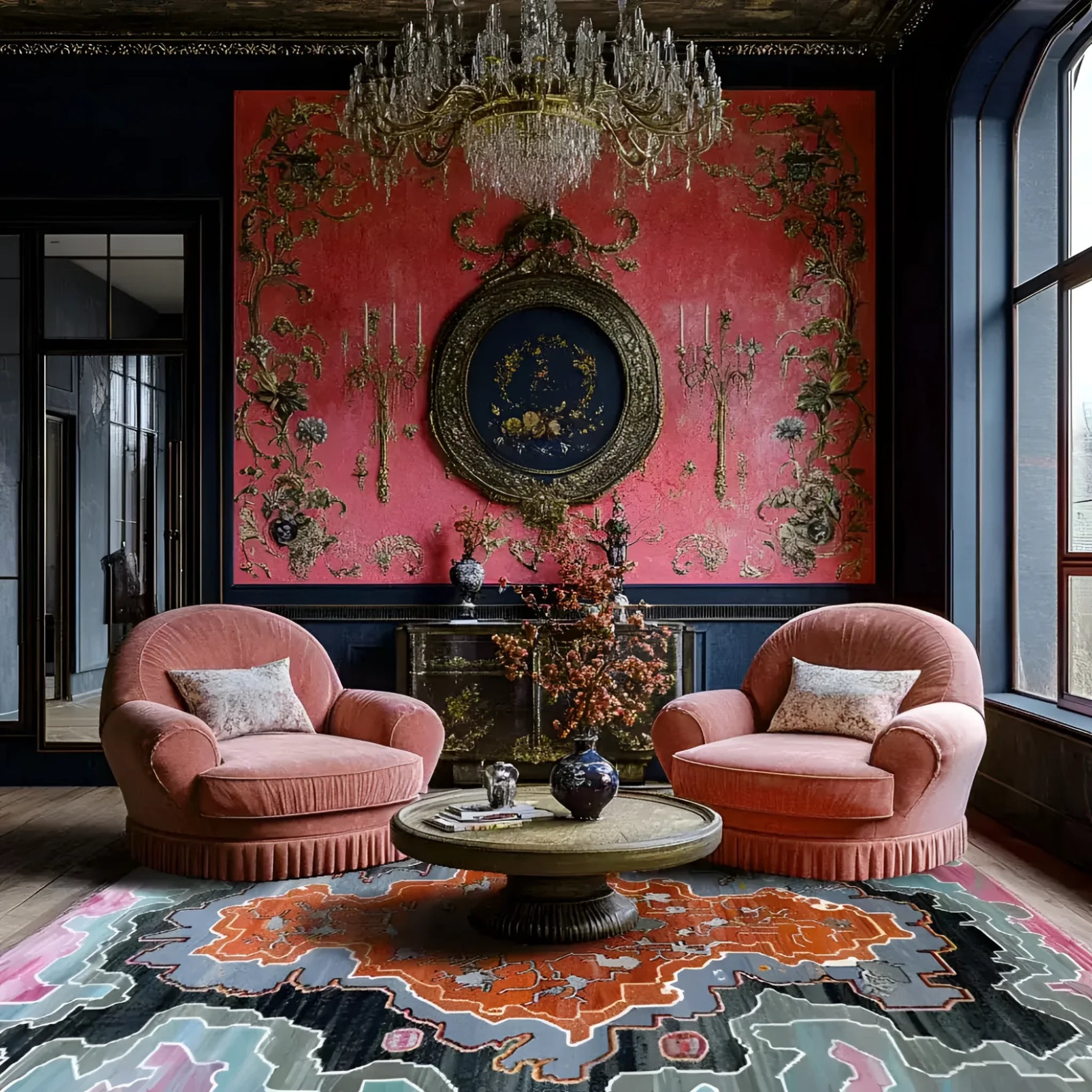 Stylish living room featuring the Ember Crest Hand Tufted Area Rug with an abstract design in vibrant colors, complementing the plush pink chairs and ornate wall decor. This contemporary wool rug adds a touch of elegance to the space, perfect for those seeking rugs for living room or living room area rugs.