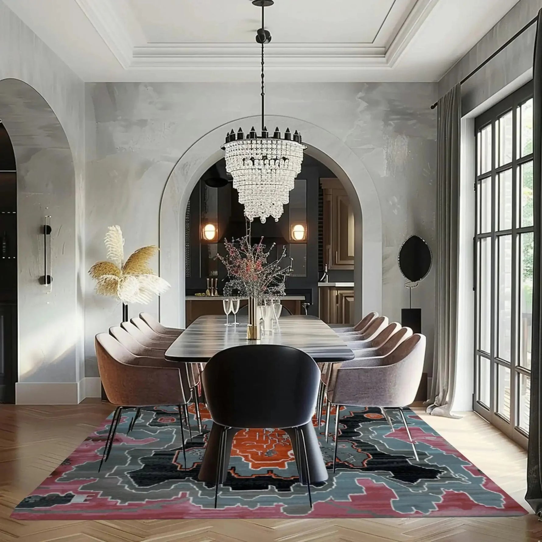 A stunning contemporary area rug in a luxurious dining room setting. The hand tufted wool rug features an abstract design with vibrant colors, perfect for modern living room decor. This rug enhances the elegance of the space, making it an ideal choice for rugs for living room enthusiasts.