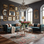 Luxurious living room with dark walls, floral traditional rug, teal sofa, and decorative elements.