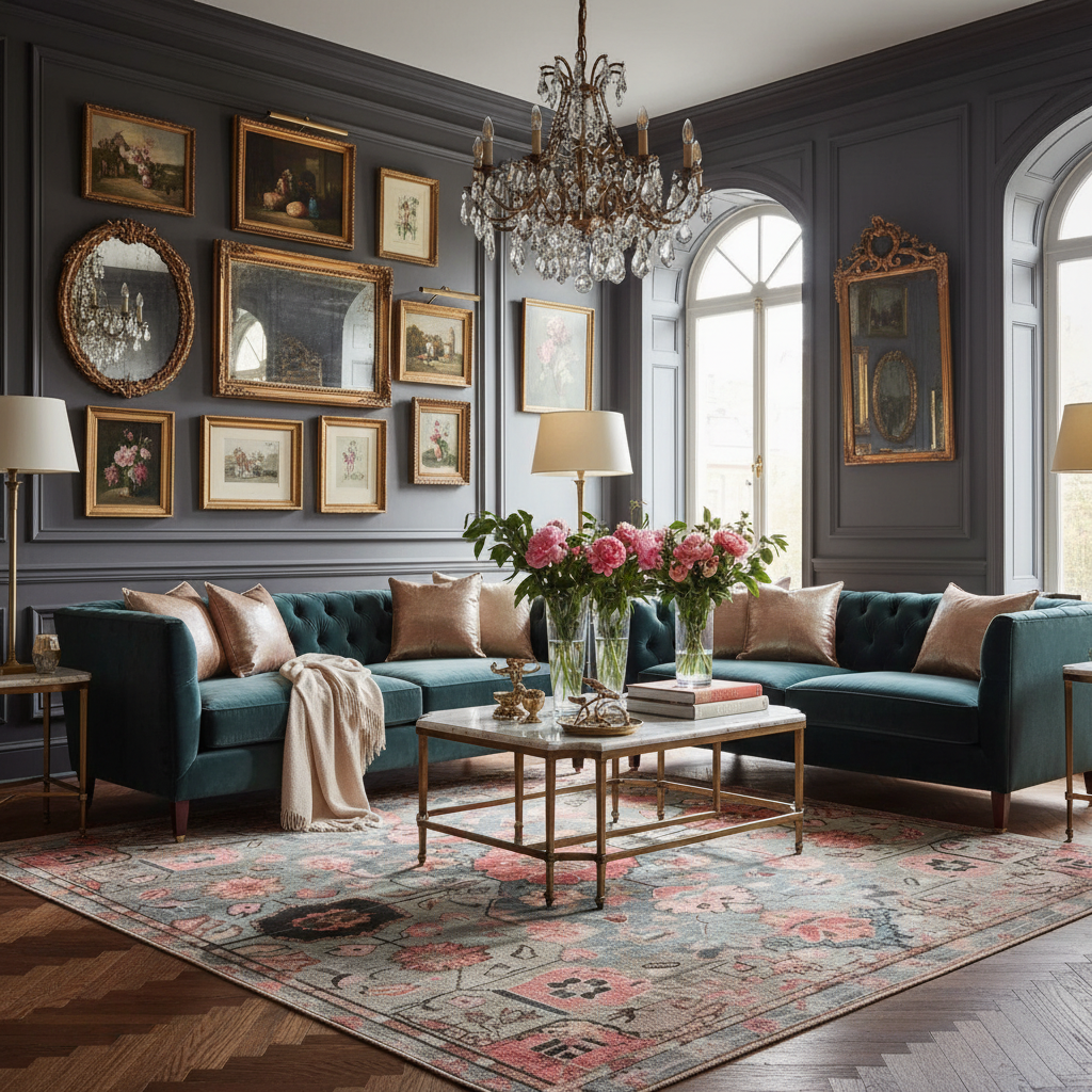 Luxurious living room with dark walls, floral traditional rug, teal sofa, and decorative elements.