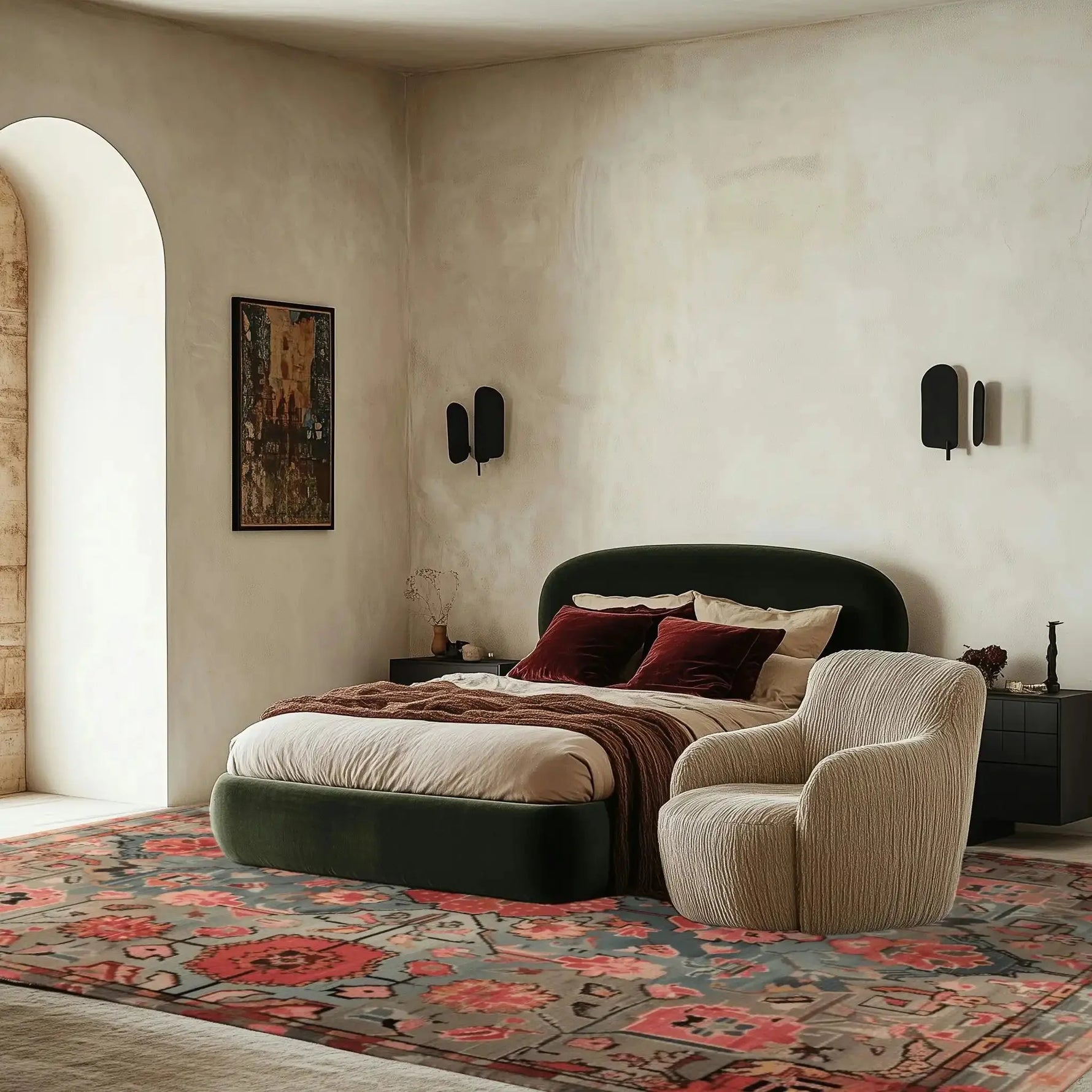Elegant living room featuring the Ember Floral Hand Tufted Area Rug with vibrant floral patterns, highlighting its wool texture. This stunning floral rug adds warmth and style to the space, making it an ideal choice for rugs for living room and living room area rugs.