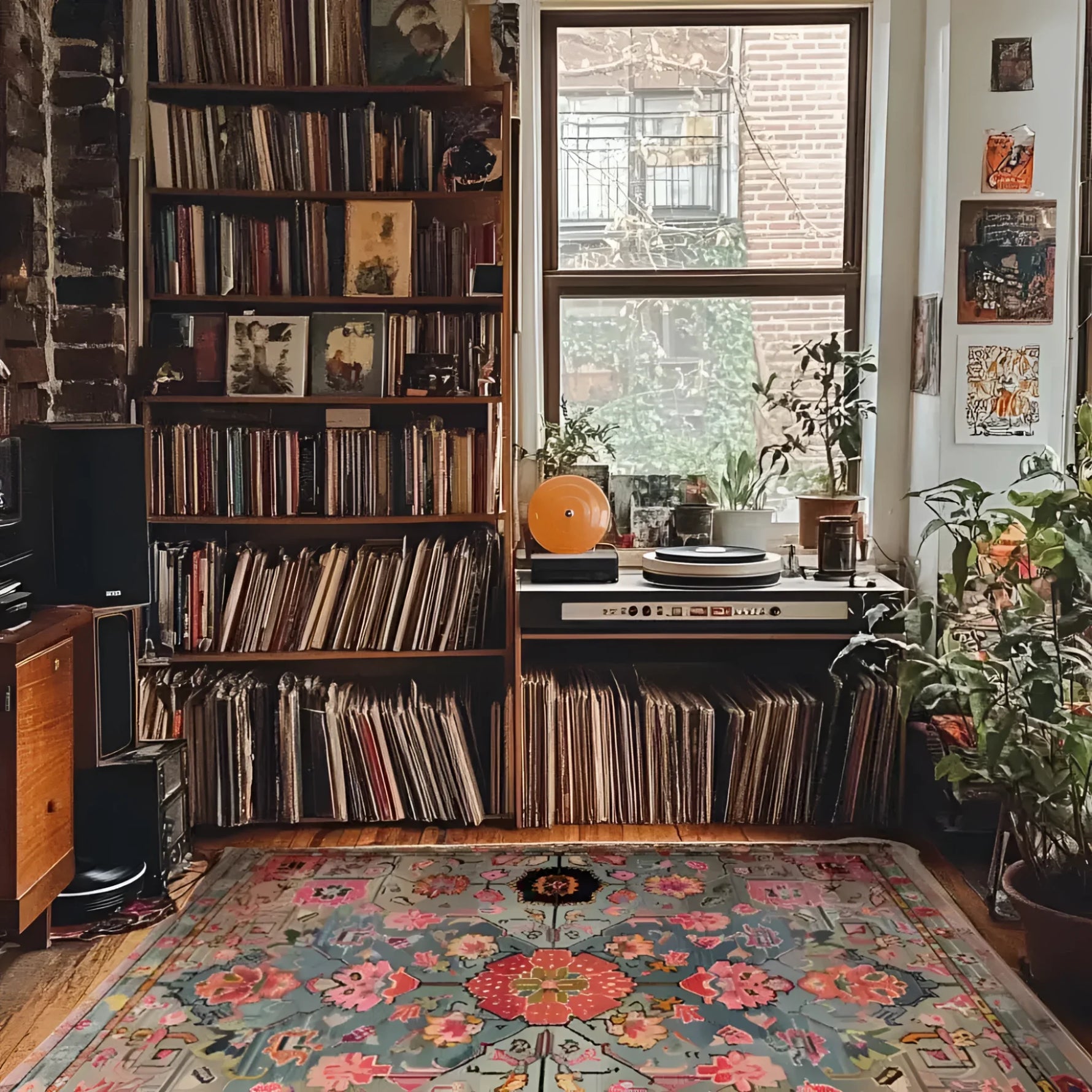 A cozy living room featuring the Ember Floral Hand Tufted Area Rug, showcasing a vibrant floral design that enhances the rustic decor. Perfect as a wool rug for living room spaces, this piece adds warmth and style to any home. Surrounded by bookshelves and plants, the rug ties the living room area together beautifully.