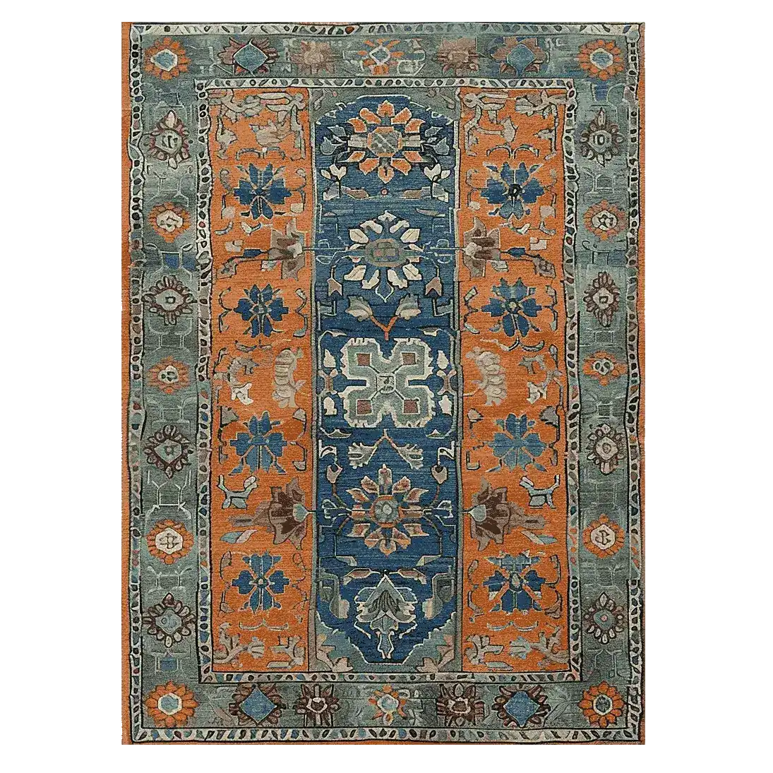 The Ember Haven Hand Tufted Area Rug features a captivating vintage design with rich orange and blue hues, perfect for large living rooms. This wool rug showcases intricate floral patterns, offering both style and comfort.