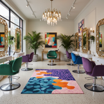Modern salon interior with colorful chairs, artwork, and a patterned rug.