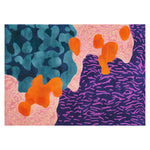 Vibrant and colorful area rug featuring abstract patterns with bold orange, teal, and purple shapes. The design is dynamic and modern, perfect for adding a splash of color and style to any room.