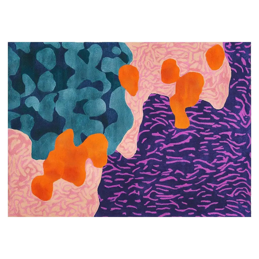 Vibrant and colorful area rug featuring abstract patterns with bold orange, teal, and purple shapes. The design is dynamic and modern, perfect for adding a splash of color and style to any room.